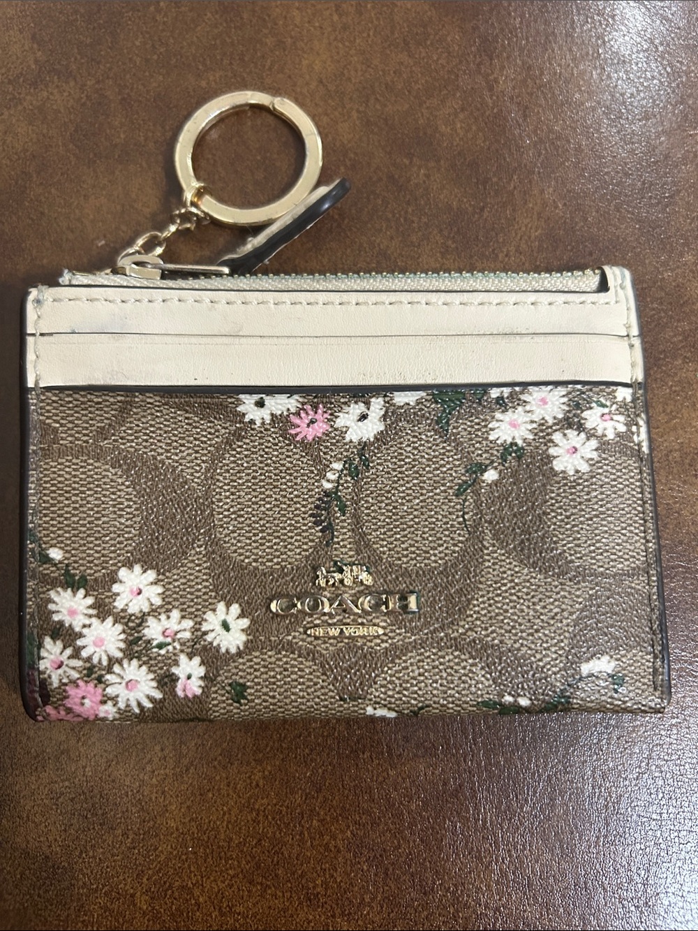 Coach Brown and Cream Floral Zip Card Case with Keyring